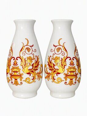 Vintage French Style Opaline Milk Glass Bud Vases Gold Enamel Pair 4"